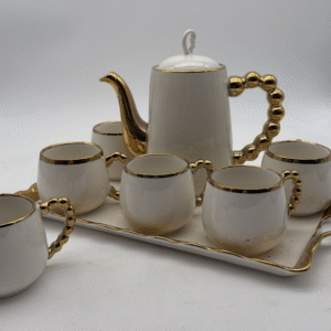 Set Da Tè In Ceramica Elegante – Teiera Bianca E Oro Con 6 Tazze E Vassoio