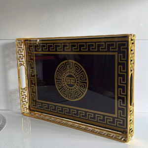 Vassoio Decorativo Nero E Oro – Motivo Greco Con Finitura Lucida E Manici Dorati