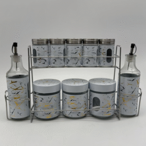 Set Contenitori Spezie & Condimenti In Vetro Con Supporto – Stile Marmo Oro (12 Pezzi)