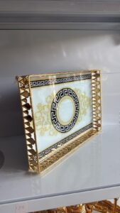 Vassoio Decorativo Dorato – Finitura Lucida Con Motivo Greco E Cornice In Metallo Intrecciato