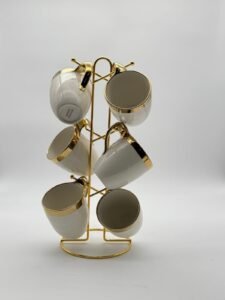 Set Di Tazze Bianche In Ceramica Con Supporto Dorato – 6 Pezzi