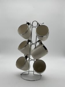 Set Di Tazze Moderne in Ceramica Con Bordo Argento E Supporto In Metallo – 6 Pezzi